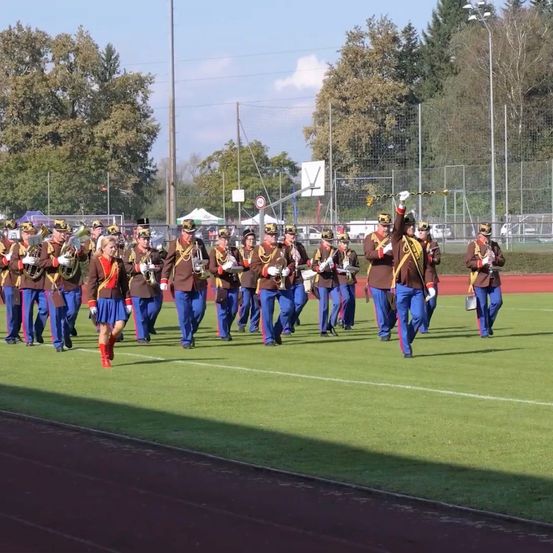 Eine Marschkapelle in braunen und blauen Uniformen spielt auf einem grünen Feld, mit Bäumen und Straßenlaternen im Hintergrund.