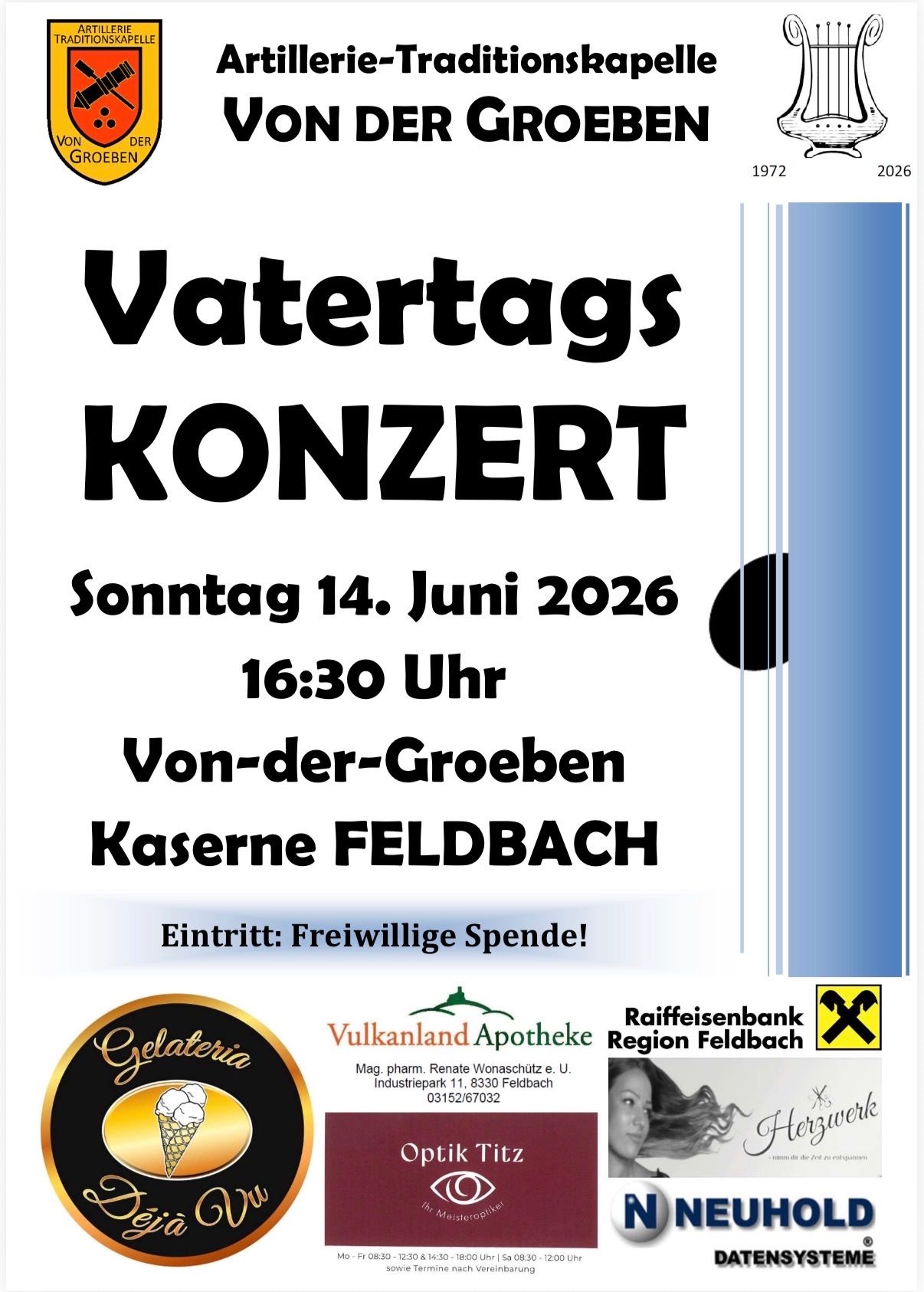A poster for Vatertags Konzert on June 14, 2026 at 16:30 in Feldbach, featuring a woman's image, sponsors, and contact information.