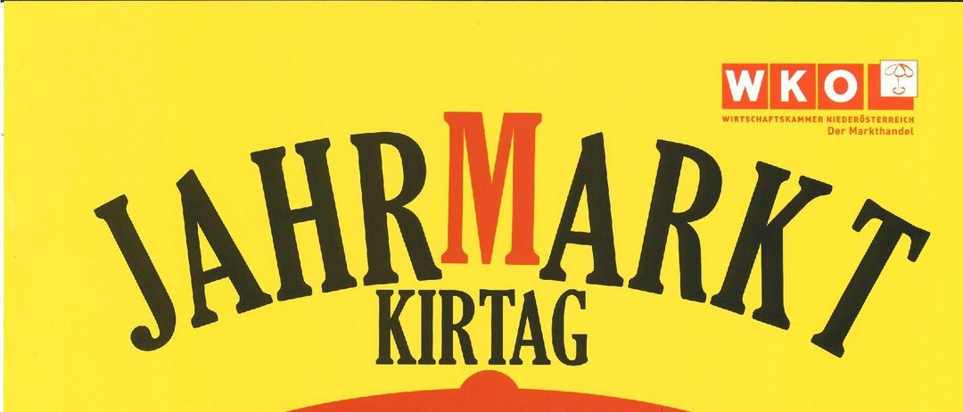 Ein Plakat bewirbt ein Marktevent, den Jahrmarkt Kirtag, am 23. November 2025 in Schwarzenbach/Piel. Das Plakat zeigt einen roten Regenschirm und enthält einen Link zur Webseite.