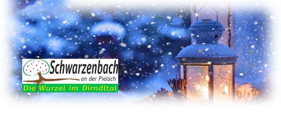 Schneefall mit einer Laterne im Hintergrund. Der Text 'Arzenbach an der Pielach im Dirndltal' ist auf einem weißen und grünen Banner zu sehen.