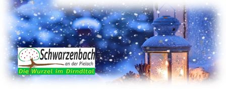 Schneefall mit einer Laterne im Hintergrund. Der Text 'Arzenbach an der Pielach im Dirndltal' ist auf einem weißen und grünen Banner zu sehen.