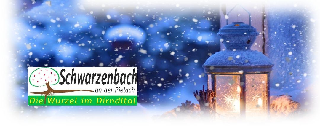 Schneefall mit einer Laterne im Hintergrund. Der Text 'Arzenbach an der Pielach im Dirndltal' ist auf einem weißen und grünen Banner zu sehen.