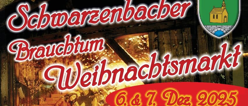 Plakat für Brauchtum Weihnachtsmarkt am 6. und 7. Dezember 2025. Aktivitäten umfassen einen Weihnachtsmarkt, Konzerte und Kinderunterhaltung. Die Veranstaltung bietet Weihnachtsmann, Musik und Überraschungen für Kinder.