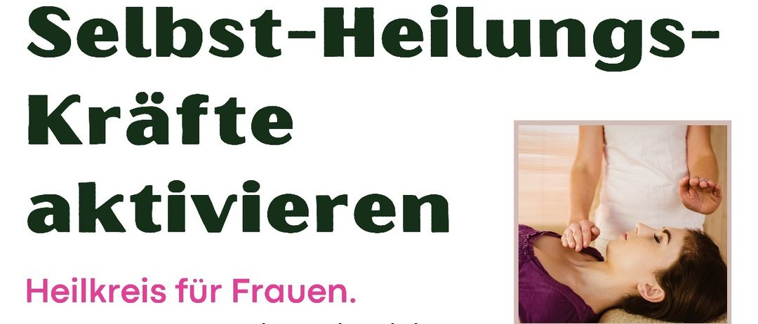 Ein Flyer für eine Veranstaltung mit Caroline-Sophie Bures. Es bietet einen ganzheitlichen Heilkreis für Frauen, der am 28. Januar 2026 beginnt. Der Flyer enthält Bilder von Händen, Kristallen und einer Schale.