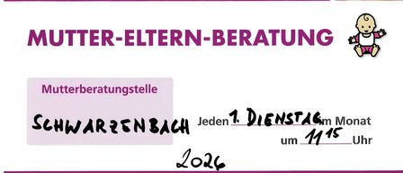 Ein Poster für eine Mutter-Eltern-Beratung in Schwarzenbach, jeden ersten Donnerstag im Monat um 11:15 Uhr. Es zeigt einen monatlichen Zeitplan von Januar bis Dezember.