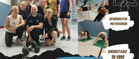 Ein Werbeplakat für einen Fitnessclub zeigt eine Gruppe von Menschen beim Training. Die Gruppe besteht aus Männern und Frauen. Der Text lautet 'Aktivclub Schwarzenbach/Pielach'. Der Zeitplan für die Kurse ist angegeben.