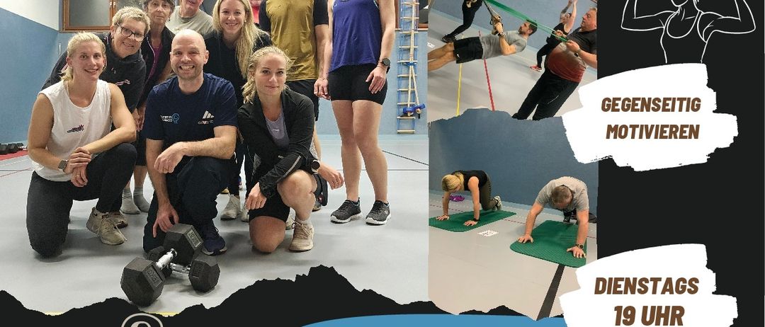 Ein Werbeplakat für einen Fitnessclub zeigt eine Gruppe von Menschen beim Training. Die Gruppe besteht aus Männern und Frauen. Der Text lautet 'Aktivclub Schwarzenbach/Pielach'. Der Zeitplan für die Kurse ist angegeben.