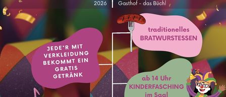 Plakat für den Faschingdienstag-Event am 17. Februar 2026 um 10 Uhr. Zeigt ein farbenfrohes Design mit einem Cartoon-Charakter, einer Wurst auf einer Gabel und verschiedenen Textfeldern. Die Veranstaltung beinhaltet einen traditionellen Wurst-Esswettbewerb, ein kostenloses Getränk für jeden und einen Kinderkarneval ab 14 Uhr.
