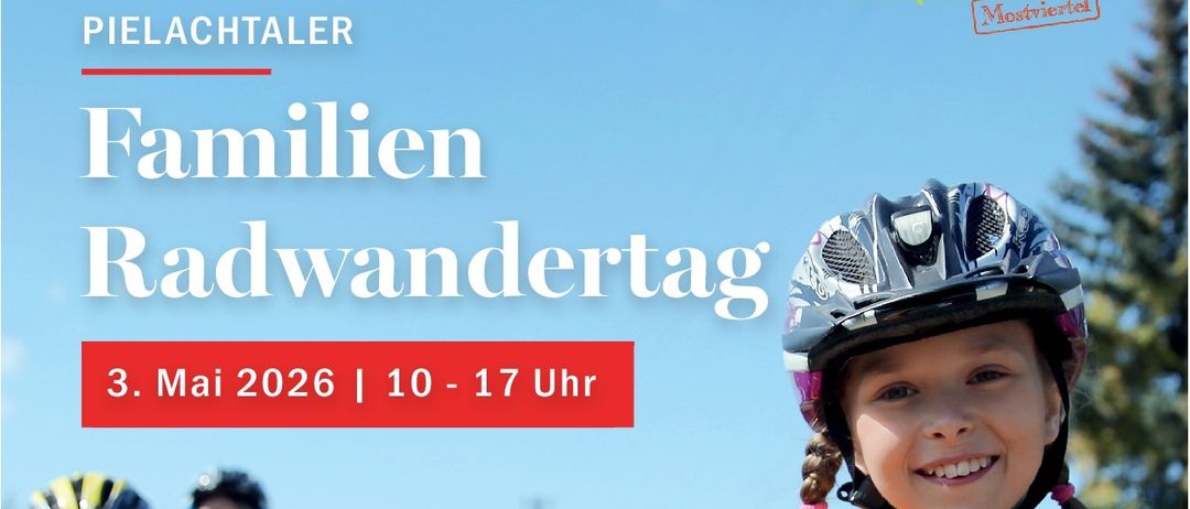 Plakat für einen Familienradwandertag, zeigt vier lächelnde Kinder auf Fahrrädern mit Helmen vor ländlichem Hintergrund. Datum ist der 3. Mai 2026, Zeit von 10 bis 17 Uhr.