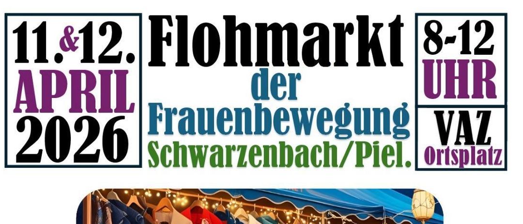 Eine Familie kauft in einem Stand mit verschiedenen Artikeln ein. Eine Lampe und ein Lampenschirm stehen auf dem Schreibtisch. Der Text auf dem Bild lautet 2026 und Flohmarkt.