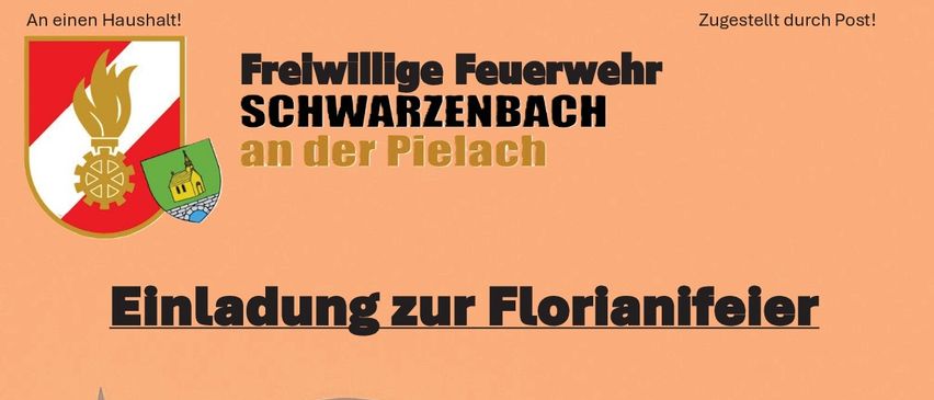 Ein Poster lädt zur Florianifeier am Sonntag, 26. April 2026, im Feuerwehrhaus ein. Die Florianimess beginnt um 10 Uhr mit musikalischer Umgebung. Es folgt ein traditionelles Frühstück mit Grillgerichten, Spielen und Witz. Wutzi Poldi und seine Musiker treten auf.