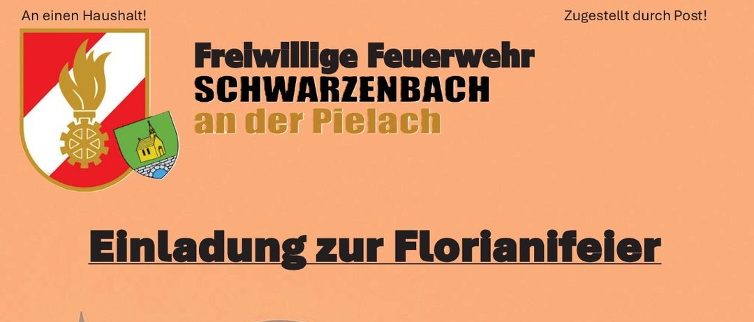 Ein Poster lädt zur Florianifeier am Sonntag, 26. April 2026, im Feuerwehrhaus ein. Die Florianimess beginnt um 10 Uhr mit musikalischer Umgebung. Es folgt ein traditionelles Frühstück mit Grillgerichten, Spielen und Witz. Wutzi Poldi und seine Musiker treten auf.