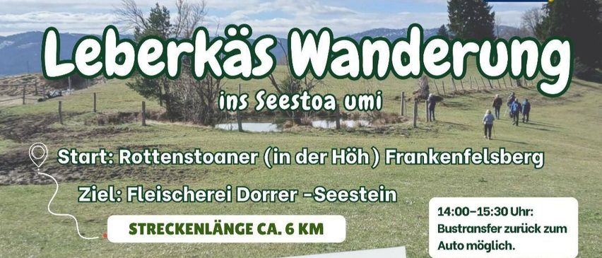 Plakat für eine Leberkäswanderung am 29. Mai 2026. Beginn um 08:30, die Wanderung ist ca. 6 km lang und beinhaltet eine Mahlzeit. Start- und Zielpunkte werden angegeben.