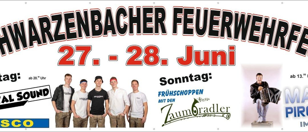 Plakat für Lenbacher Feuerwerk am 27. und 28. Juni mit einer Gruppe von Männern und dem Logo für Frühschopppen mit den Zamoradler.