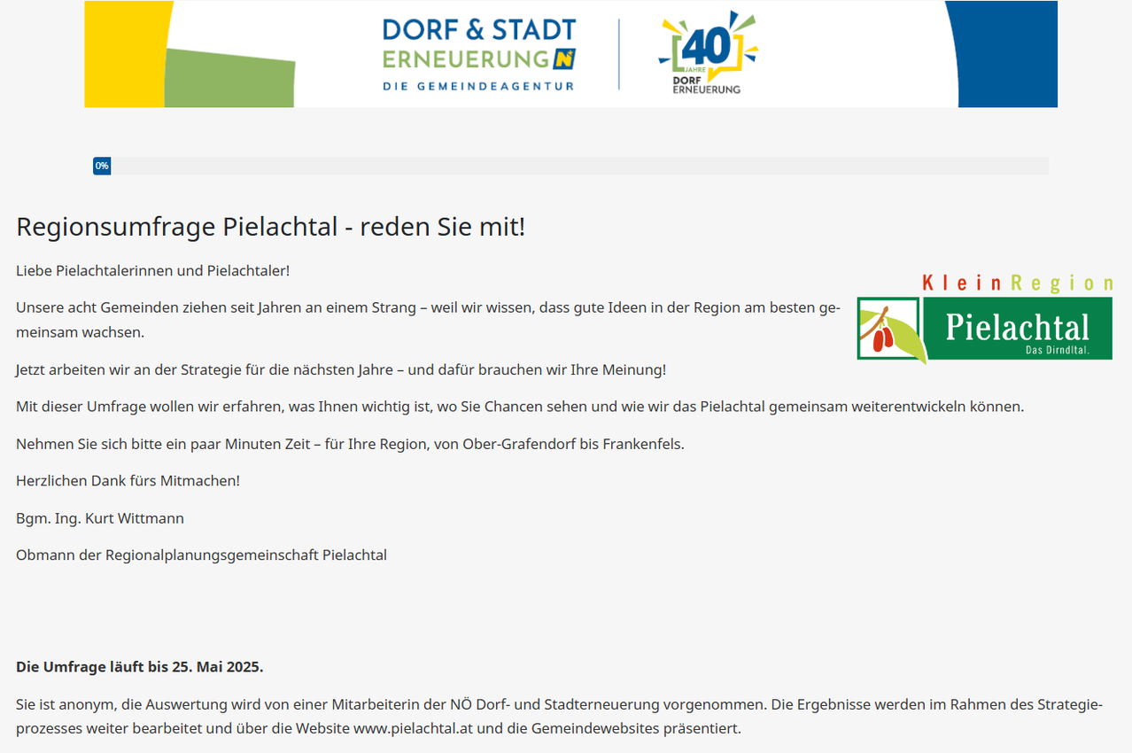 Eine Einladung für ein virtuelles Treffen über die Pielachtal-Region. Teilnehmer können ihre Ideen und Strategien für die Zukunft teilen. Die Ergebnisse werden am 1. Mai 2025 präsentiert.
