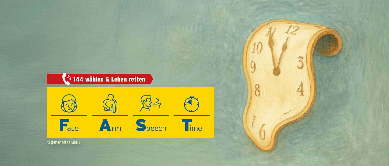 Eine illustrierte Uhr zeigt die Zeit auf 10:10. Darunter befindet sich ein Banner mit Symbolen für Sprache, Zeit und einen Arm. Oben auf dem Banner steht 'Leben retten'.