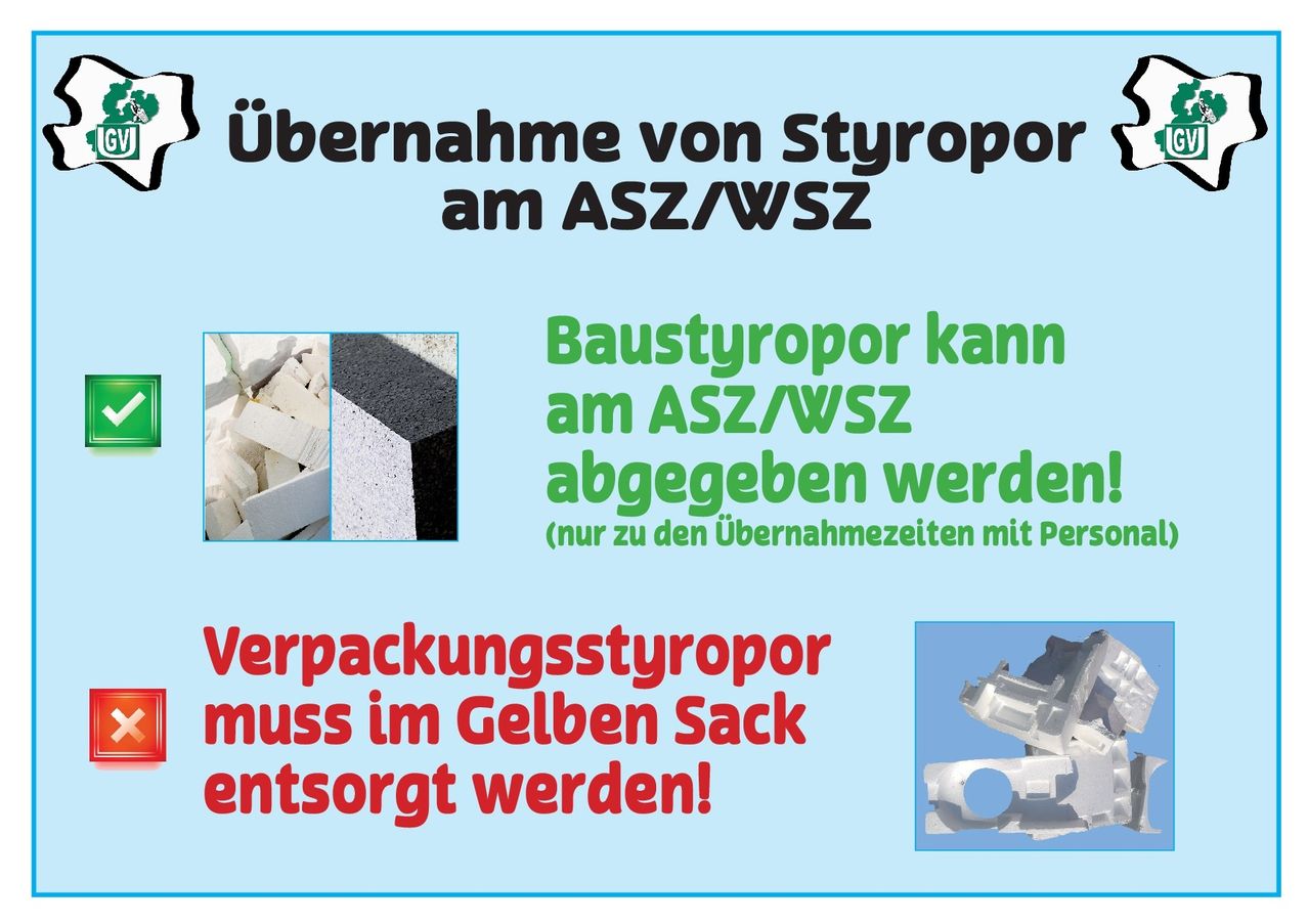 Das Bild zeigt Informationen über die Annahme von Styropor bei ASZ/WSZ. Baustyropor kann bei ASZ/WSZ abgegeben werden. Verpackungstyropor muss in gelben Säcken entsorgt werden.