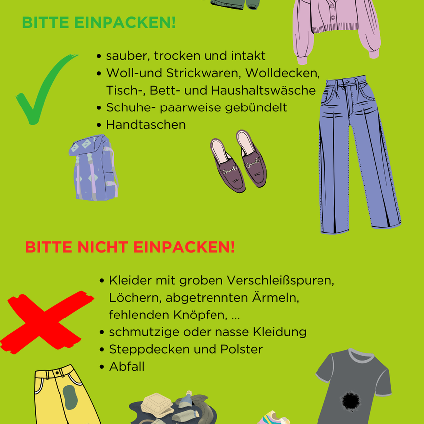 Das Poster hat einen grünen Hintergrund mit zwei Abschnitten. Der obere Abschnitt sagt 'BITTE EINPACKEN!' und listet Dinge zum Packen auf, einschließlich sauberer, trockener und intakter Woll- und Strickwaren, Bettdecken, Tischdecken, Bettlaken, Schuhe paarweise gebündelt und Handtaschen. Der untere Abschnitt sagt 'BITTE NICHT EINPACKEN!' und listet Dinge auf, die nicht verpackt werden sollten, einschließlich Kleidung mit starkem Verschleiß, Löchern, abgetrennten Ärmeln, fehlenden Knöpfen, schmutzige oder nasse Kleidung, Trittmatten und Polstermöbeln.
