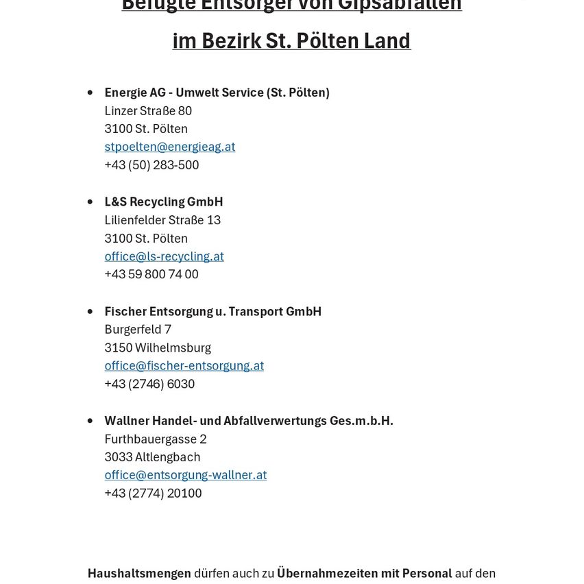 Ein Flyer mit Informationen über Gipsabfallentsorgungsdienste im Bezirk St. Pölten Land. Es werden vier Unternehmen mit Kontaktdaten und Adressen aufgeführt. Es wird auch erwähnt, dass Haushaltsabfälle während der Sammelzeiten mit persönlicher Begleitung entsorgt werden können.