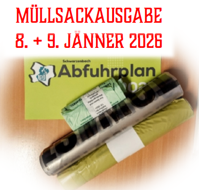 Ein Poster mit grünem Hintergrund zeigt einen Plan für die Müllsackentsorgung am 8. und 9. Januar 2026. Zwei grüne Beutel mit der Aufschrift 'Abfuhrplan' liegen auf einer Holzoberfläche.