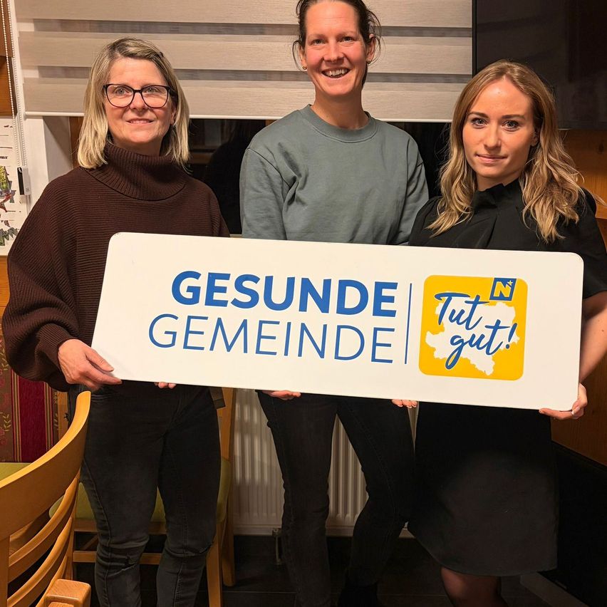 Drei Frauen halten ein weißes Schild mit blauem Text, lächeln und stehen eng beieinander. Auf dem Schild steht 'GESUNDE GEMEIND.' Dahinter befindet sich ein Fenster mit Jalousien.