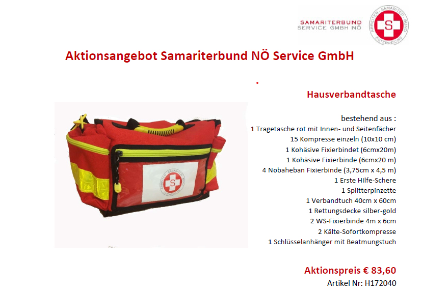 Ein Bild zeigt eine rote Erste-Hilfe-Tasche von Samariterbund NÖ Service GmbH. Sie enthält einen Tagesrucksack, 15 Kompressen, Wundschnellverband, Erste-Hilfe-Schere, Einsplitterzange, 40x60cm-Verbandtuch, Silber-Gold-Rettungsdecke und mehr. Der Preis beträgt 83,60 Euro.