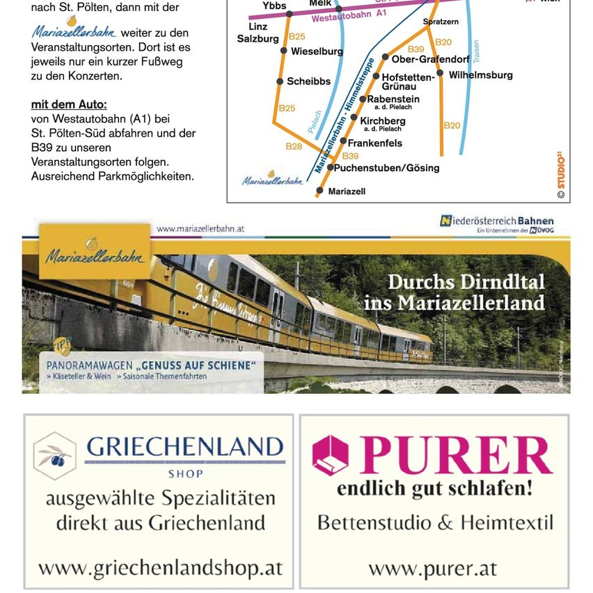The image displays a map and travel information about Mariazellerbahn. It includes a route from Westautobahn A1 to the event locations, emphasizing parking availability. It also features a yellow train on a bridge.