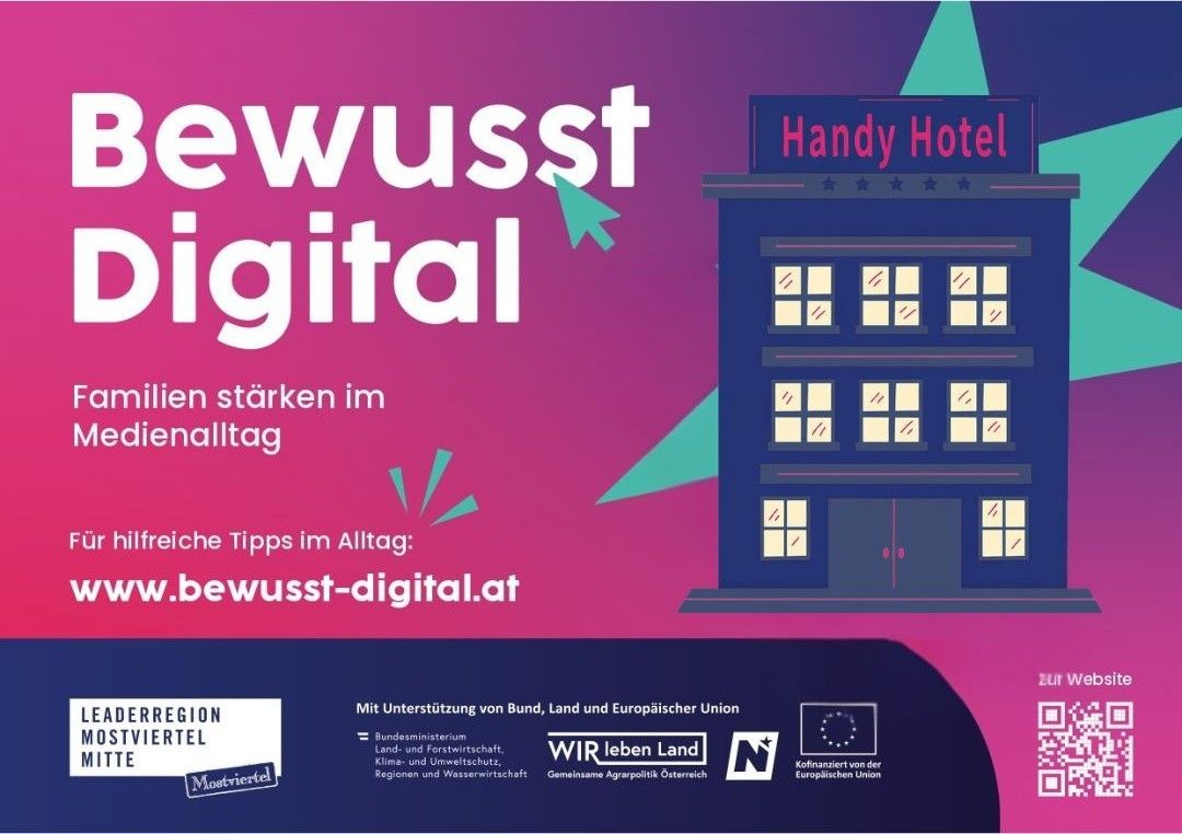 Poster for a digital awareness campaign featuring a hotel illustration, text, and logos. The campaign is supported by various government entities.