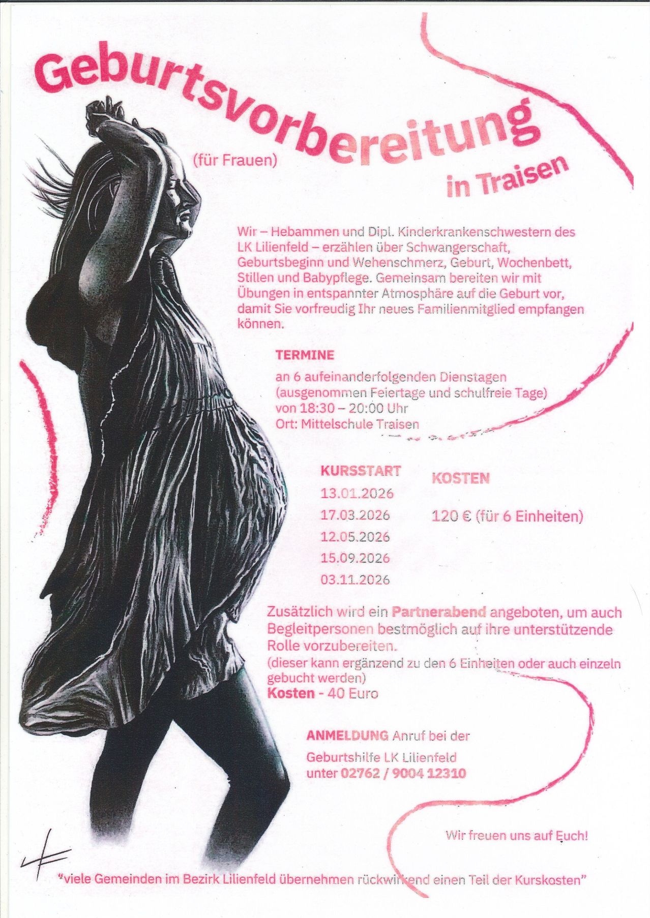 Ein Plakat mit der Silhouette einer Frau und Text über einen Geburtsvorbereitungskurs. Es enthält Termine, Zeiten, Ort und Kosten. Zusätzliche Partnersitzungen sind für einen Aufpreis möglich. Kontaktinformationen werden angegeben.