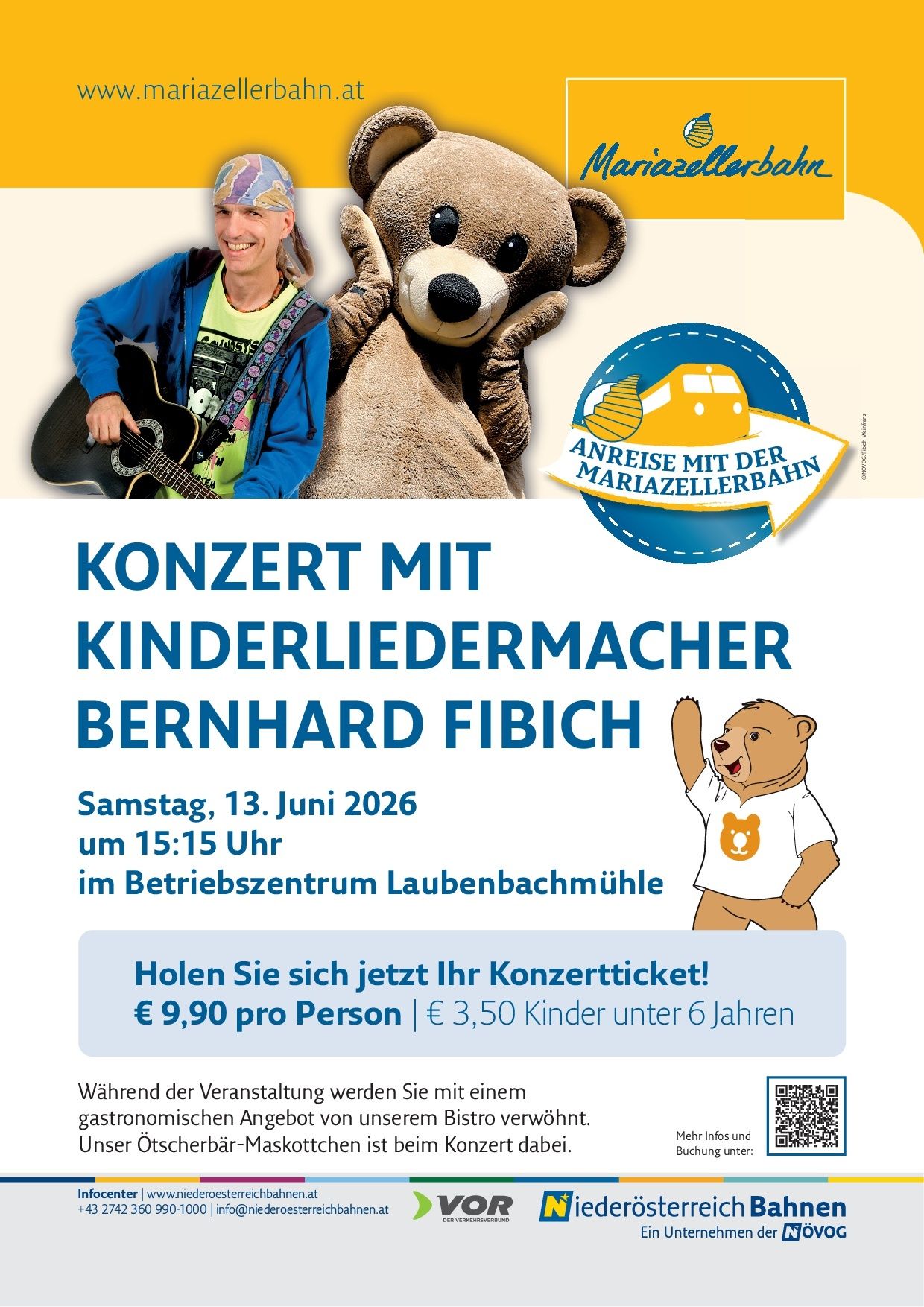 Plakat für ein Konzert mit Bernhard Fibich, das einen Mann mit Gitarre und einen Teddybären zeigt. Die Veranstaltung findet am 13. Juni 2026 um 15:15 Uhr im Betriebszentrum Laubenbachmuehle statt. Tickets kosten 9,90 Euro pro Person und 3,50 Euro für Kinder unter 6 Jahren.