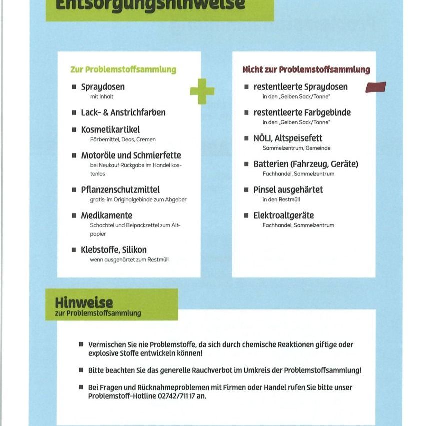 Ein Informationsposter über die Sammlung von Problemstoffen, das detailliert beschreibt, was gesammelt werden kann und was nicht, und eine Hotline-Nummer für Fragen bereitstellt.