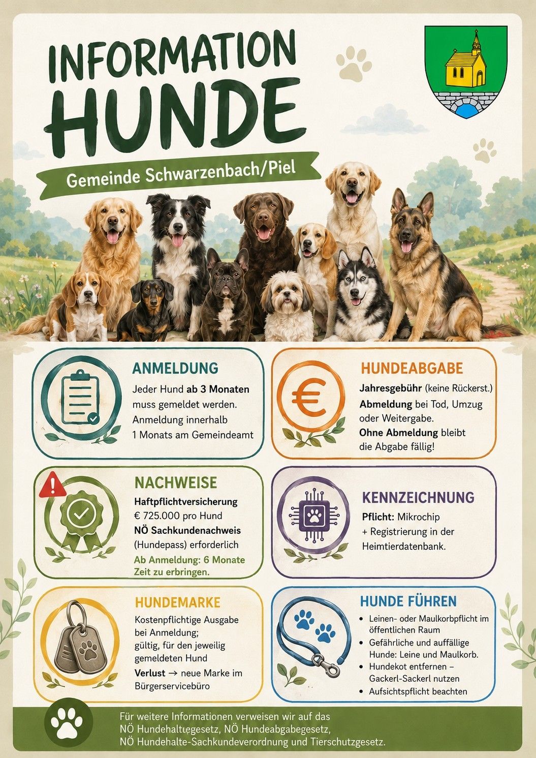 Ein Informationsposter über die Hunderegistrierung in der Gemeinde Schwarzenbach/Piel. Es zeigt verschiedene Hunderassen und Symbole, die die Hunderegistrierung, Steuern, Identifikation und Leinenpflicht darstellen. Das Poster enthält Details zum Registrierungsprozess, Gebühren und die Bedeutung der Mikrochip- und Registrierung in der Heimtierdatenbank.