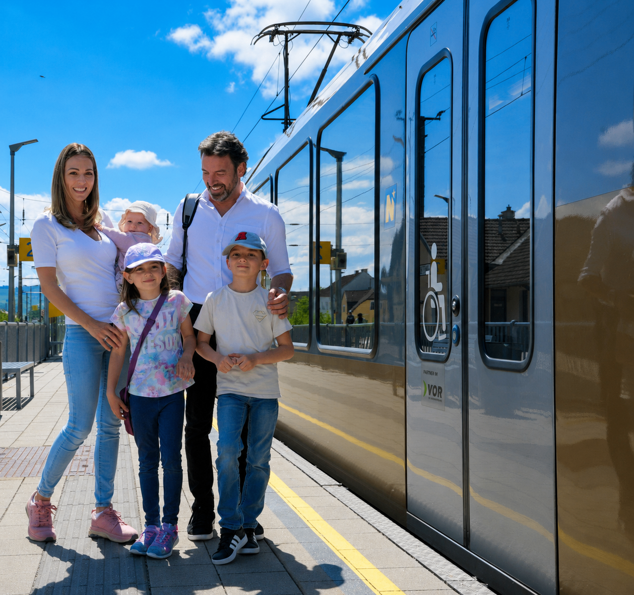Eine Familie steht auf einem Bahnsteig mit einem Tram im Hintergrund. Die Eltern und zwei Kinder lächeln für die Kamera.