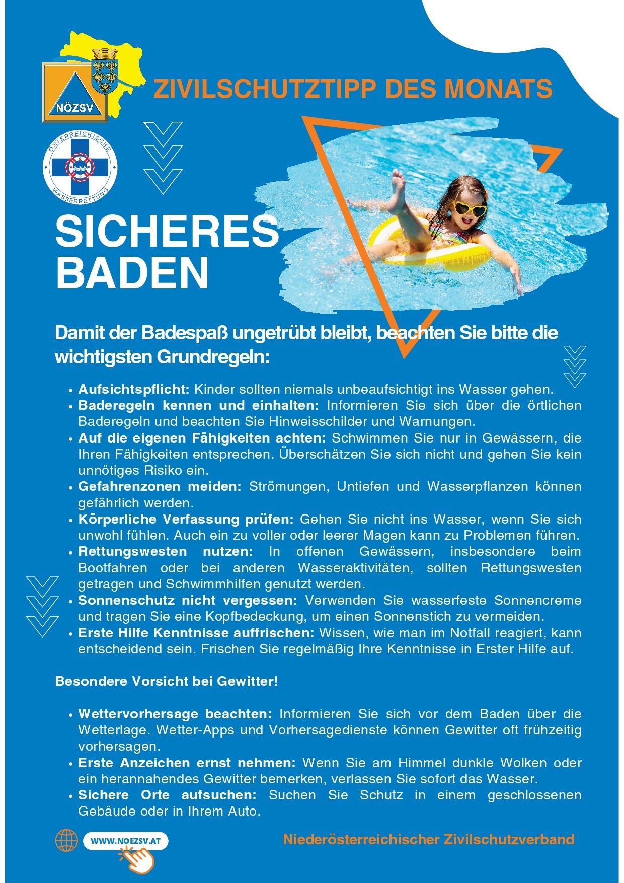 Das Bild zeigt Sicherheitstipps zum Schwimmen. Ein Kind ist in einem gelben Schwimmring. Tipps umfassen: Schwimmregeln kennen, Kinder beaufsichtigen, eigene Fähigkeiten beachten, gefährliche Bereiche meiden, Wetterprognosen überprüfen, Schwimmwesten tragen, Sonnencreme auftragen und Erste-Hilfe-Kenntnisse haben.