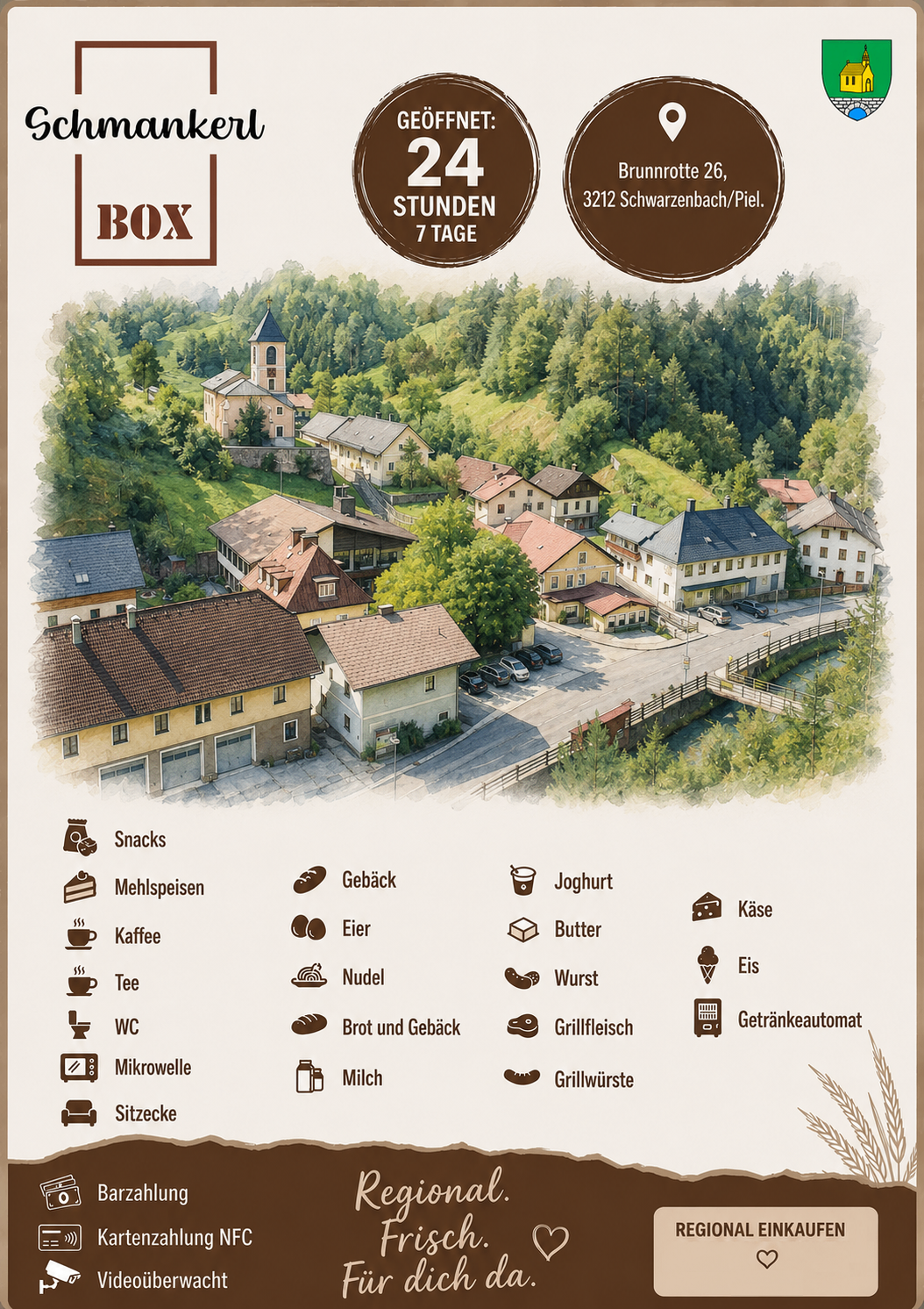 Ein malerisches Bild zeigt ein Dorf mit einer Kirche und Häusern. Auf der Liste stehen Snacks, Müsli, Joghurt, Käse, Kaffee, Eier, Butter, Eis, Tee, Wurst, Brot und Gebäck, geräucherter Fisch, Getränkeautomat, Mikrowelle, Milch und Grillwurst.