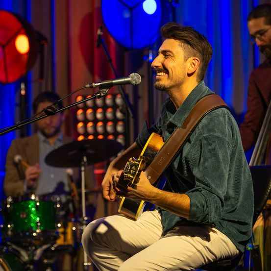 Ein Mann mit einer Gitarre tritt auf der Bühne auf, sitzt mit einem lächelnden Gesicht neben einem Mikrofon. Hinter ihm spielt eine weitere Person Schlagzeug. Die Bühne ist mit blauen Lichtern beleuchtet.