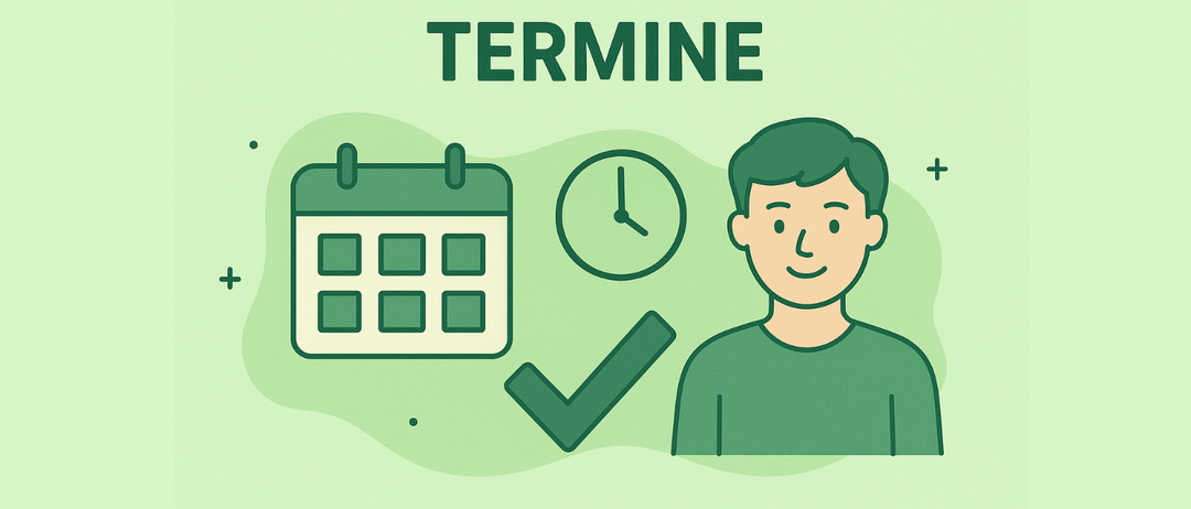 Eine Illustration zeigt einen Kalender, eine Uhr und einen lächelnden Mann mit einem Häkchen neben ihm, der den Begriff 'TERMINE' hervorhebt.
