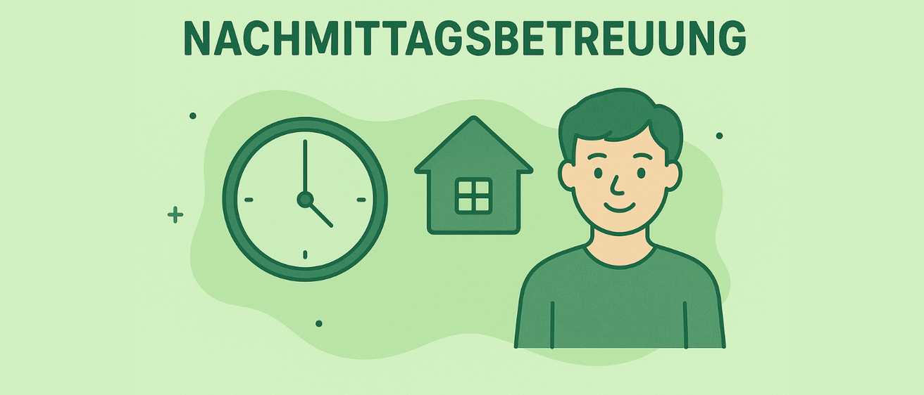 Illustration eines Mannes mit lächelndem Gesicht, Haus- und Uhrsymbol. Der Text darüber lautet 'Nachmittagsbetreuung'.