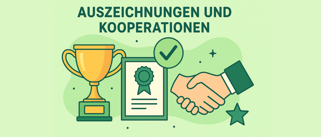 Eine Illustration mit einem Pokal, Zertifikat, Händedruck und Sternen, die Auszeichnungen und Kooperationen darstellt.