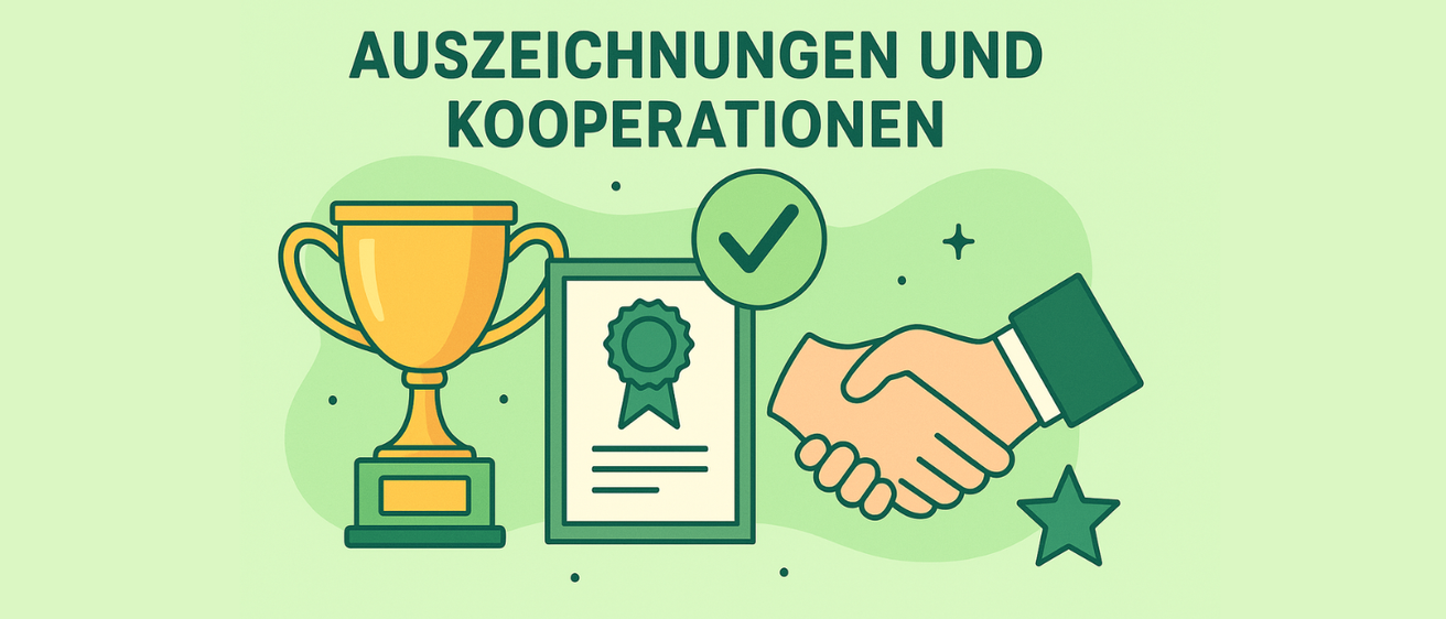 Eine Illustration mit einem Pokal, Zertifikat, Händedruck und Sternen, die Auszeichnungen und Kooperationen darstellt.