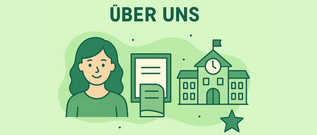 Eine Illustration einer Frau, eines Gebäudes, eines Papiers und eines Sterns mit dem Text 'Über uns' darüber.