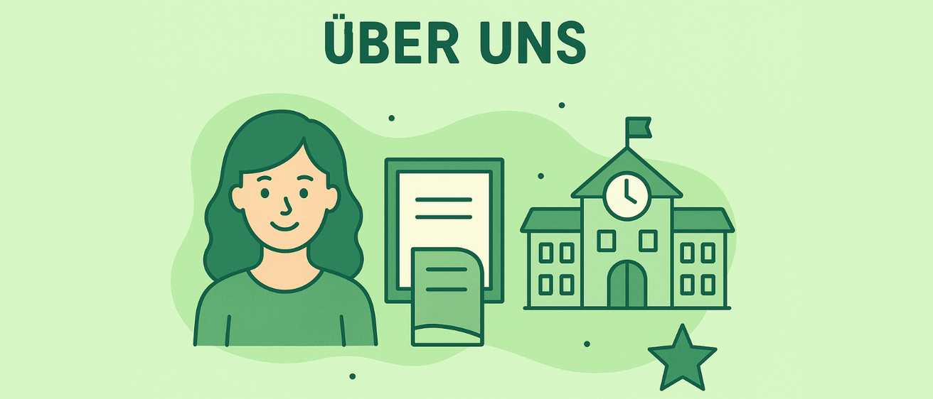 Eine Illustration einer Frau, eines Gebäudes, eines Papiers und eines Sterns mit dem Text 'Über uns' darüber.