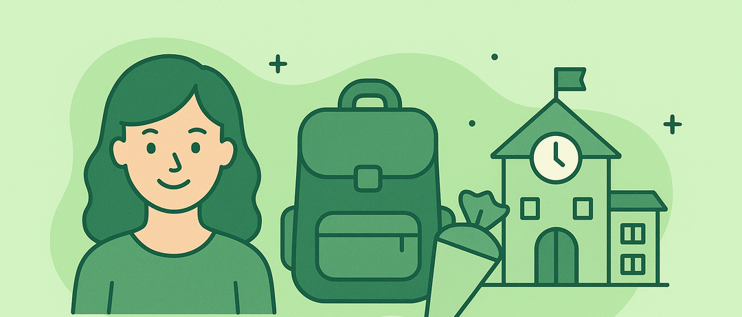 Eine Illustration einer Frau, eines Rucksacks, einer Karotte und eines Schulgebäudes mit Uhrenturm, begleitet von dem Wort 'Schulanfang'.