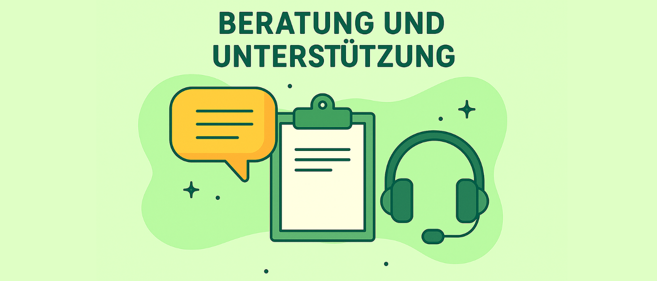 Eine Illustration eines Klemmbretts mit Text, einer Sprechblase und einem Headset auf grünem Hintergrund, die Beratung und Unterstützung darstellt.