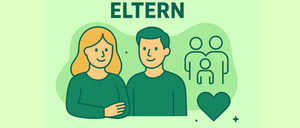 Illustration von zwei lächelnden Menschen, die zusammenstehen, mit dem Wort Eltern darüber und einem Familiensymbol neben ihnen.