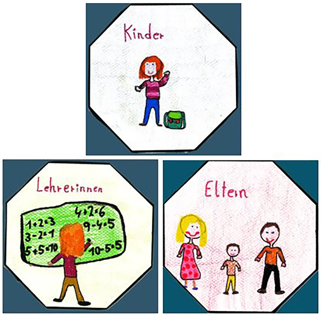 Eine Collage aus vier Zeichnungen. Oben links ein Kind mit Rucksack, beschriftet mit 'Kinder'. Darunter eine Lehrerin mit Tafel und Matheaufgaben. Rechts eine Familie, beschriftet mit 'Eltern'. Unten links ein Kind mit Tafel.