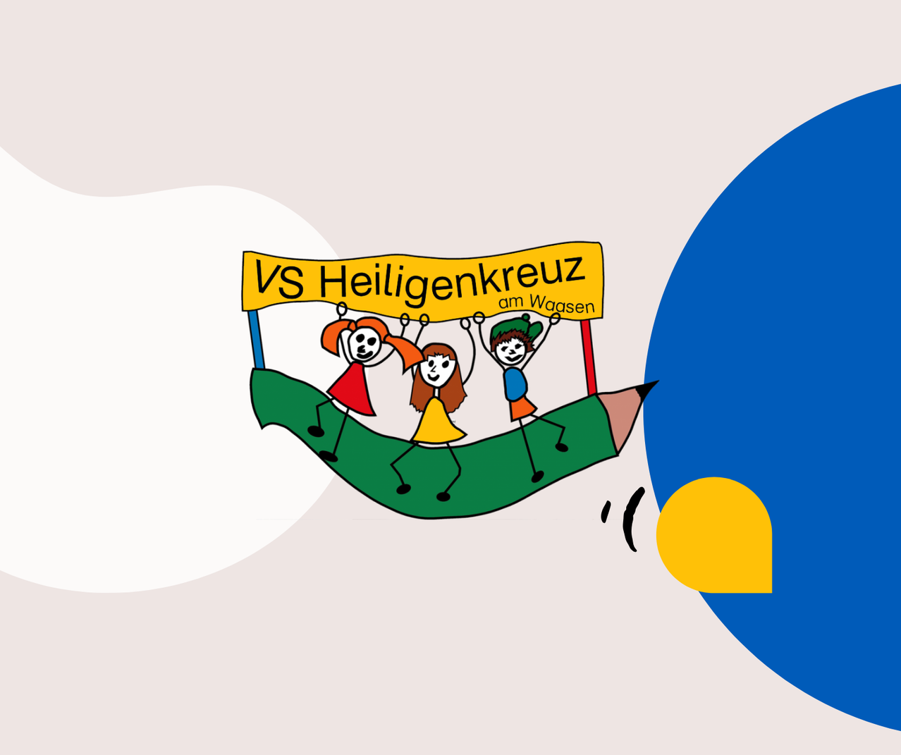 A cartoon depicts four children holding a yellow sign that reads VS Heiligenkreuz am Wagen. They are riding on a green pencil.