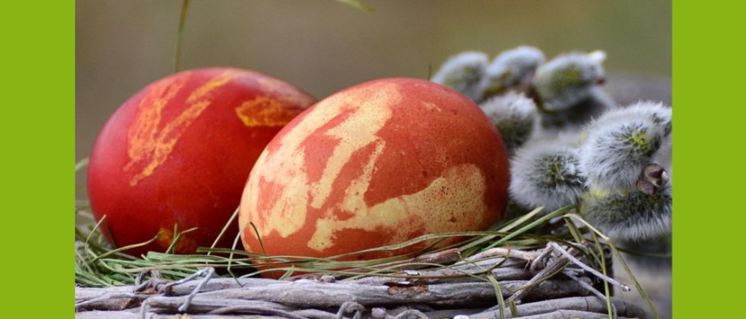 Eine Werbung für Ostereier-Dekorieren, die zwei dekorierte Eier in einem Korb mit grünem Hintergrund zeigt. Die Veranstaltung findet am Sonntag, 22.03.2026, von 14:00 bis 16:00 Uhr im Haus im Park statt.