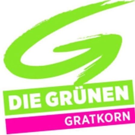 Grünes Logo mit weißen und rosa Buchstaben, 'Die Grünen' und 'Gratkorn', in Fettdruck auf weißem Hintergrund.