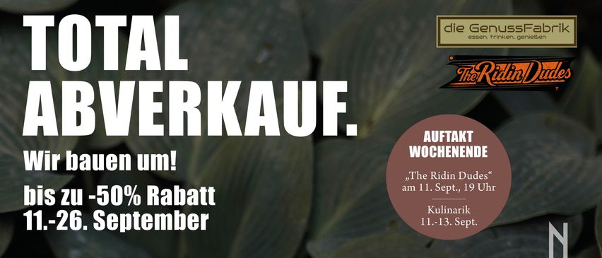 A promotional poster for a clearance sale with a green leaf background and text in white and brown. It reads 'AL ERKAUFF' and 'AUFTAU WOCH' with a date of 11th September and a location of Kulina.